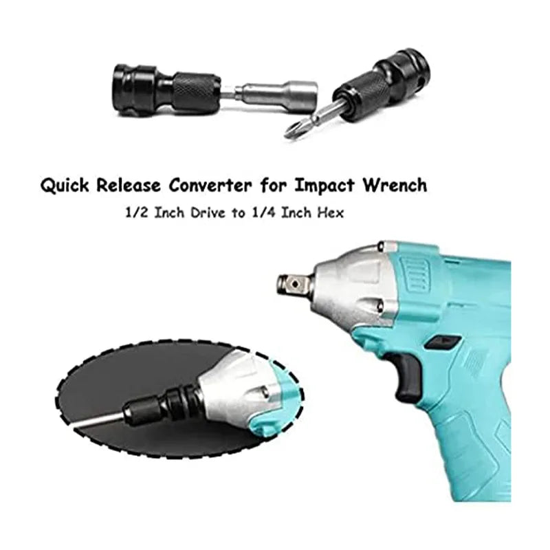 A turquoise colored impact wrench demonstrates the use of a 1/2" to 1/4" hex bit adapter connected to a screwdriver bit, with callouts labeling functionality.