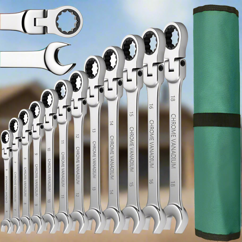 Complete set of 12 chrome vanadium ratcheting combination wrenches ranging from 8mm to 19mm, displayed in front of a soft-blur workshop background with included green roll-up storage pouch shown on the right.
