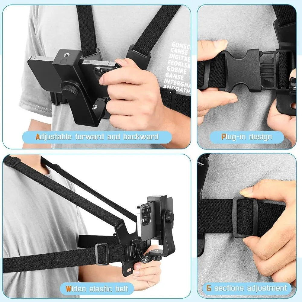 Step-by-step images demonstrating how to secure and adjust the chest mount harness for a snug and comfortable fit.