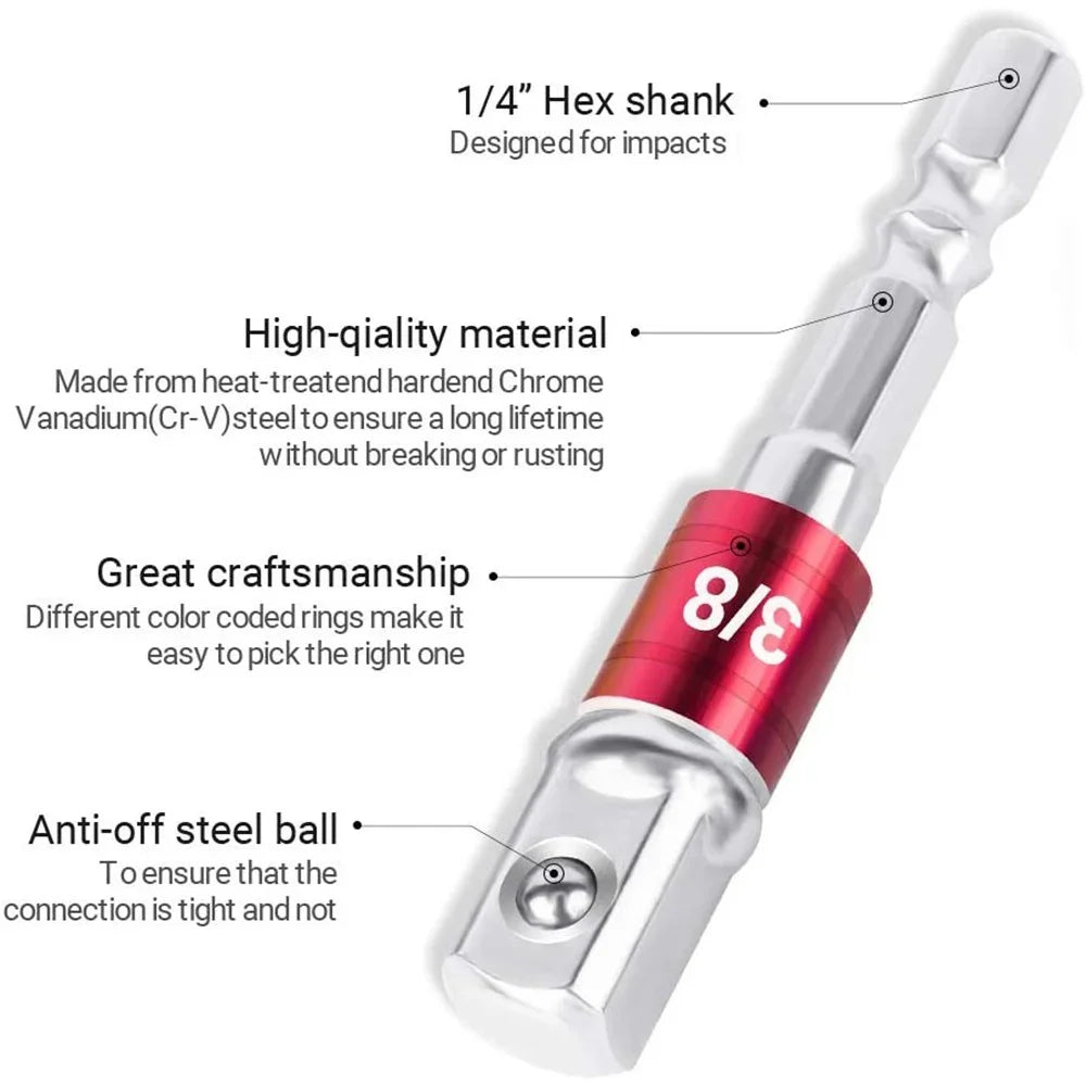 Close-up of a red 3/8" socket adapter showing hex shank, high-quality chrome vanadium steel, anti-off steel ball, and color-coded craftsmanship.