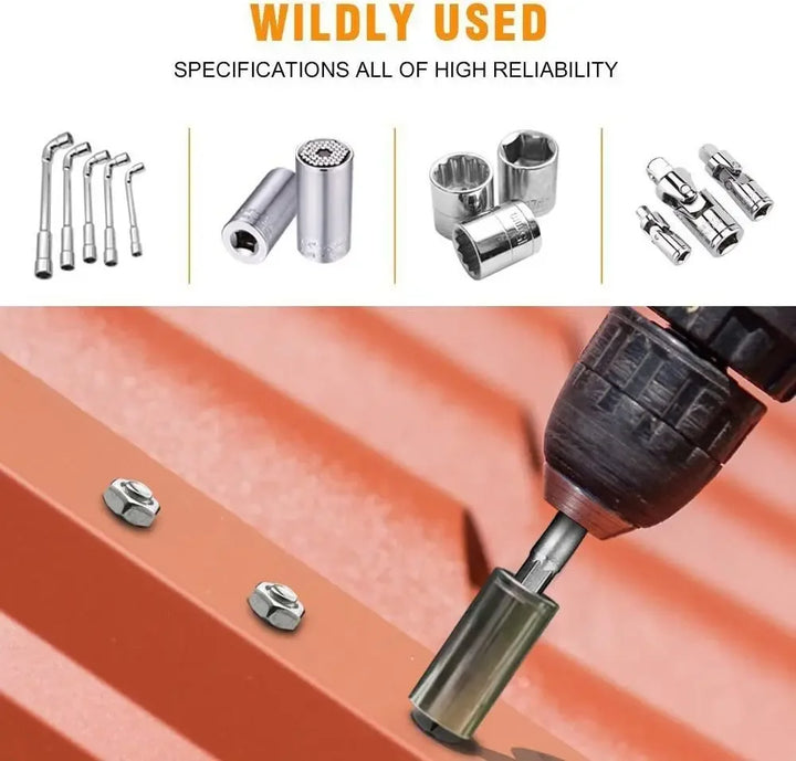 A power drill using the adapter to tighten a bolt into an orange metal sheet, with socket bits and adapter uses shown above the action shot.