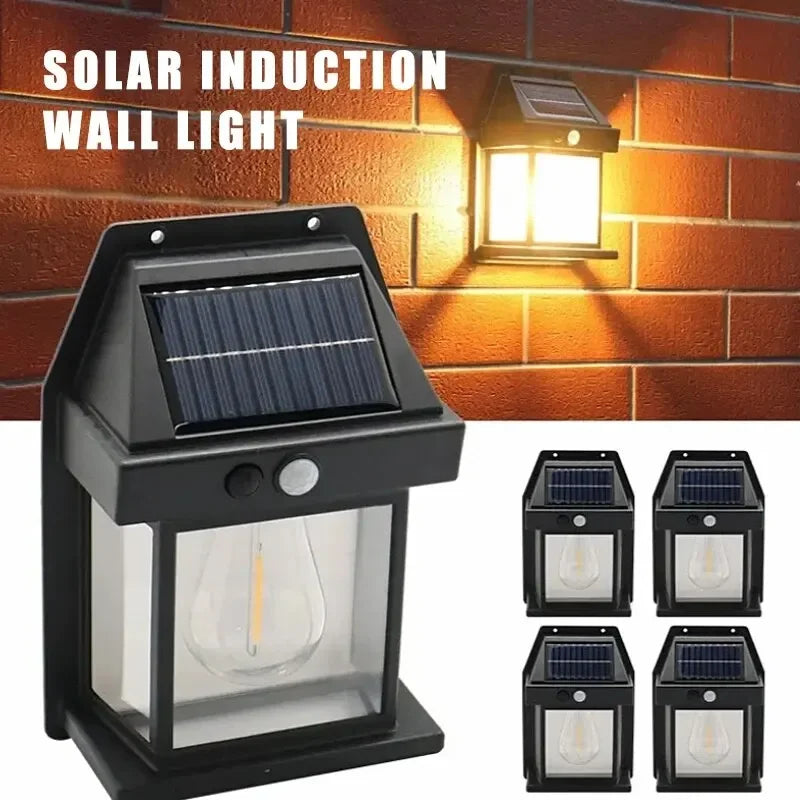 A solar-powered wall lamp mounted on a brick wall, emitting warm tungsten filament light for outdoor ambiance and security.