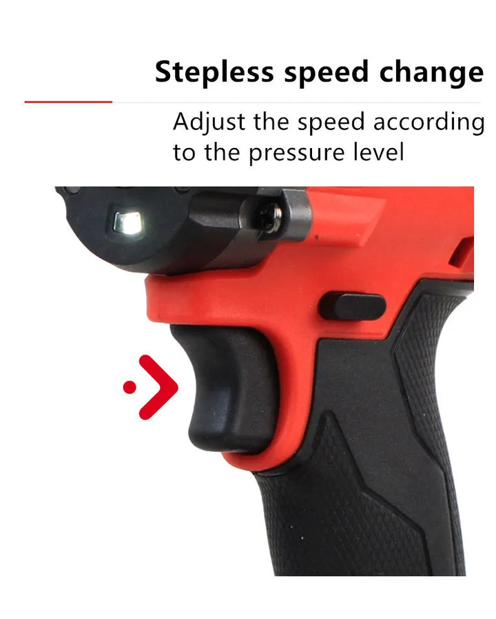 SmartGearPros drill trigger with pressure sensitivity labeled as "stepless speed change" for precision control.