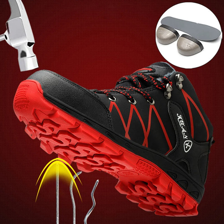 Close-up of the anti-smash steel toe protection in the work boot with a hammer impact test.