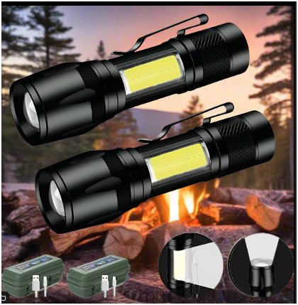 Two black tactical rechargeable flashlights with side COB lights, shown above a glowing campfire in a forest setting, accompanied by USB charging cases and beam mode graphics.