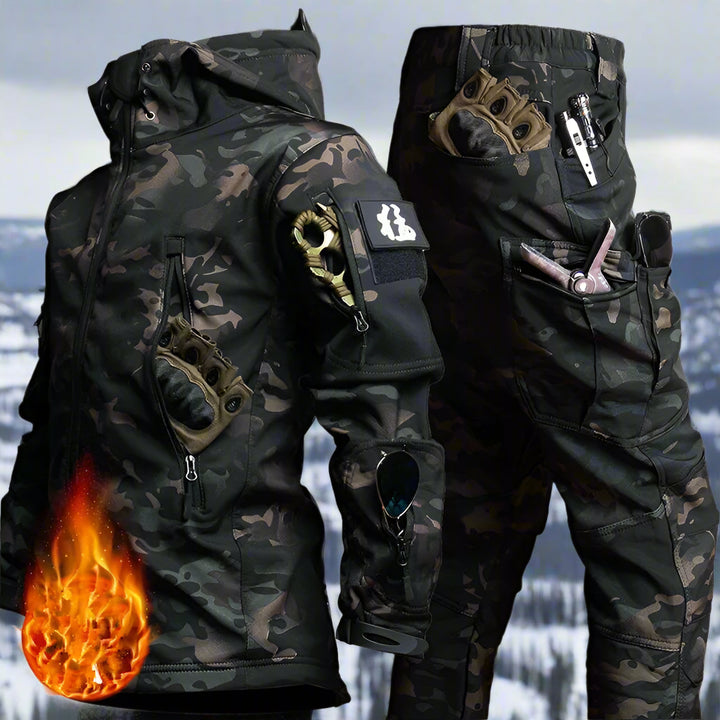Black camouflage winter tactical suit with heavy-duty sharkskin material, fleece warmth, and tactical loops and zippers, perfect for fieldwork or cold-weather hunting.