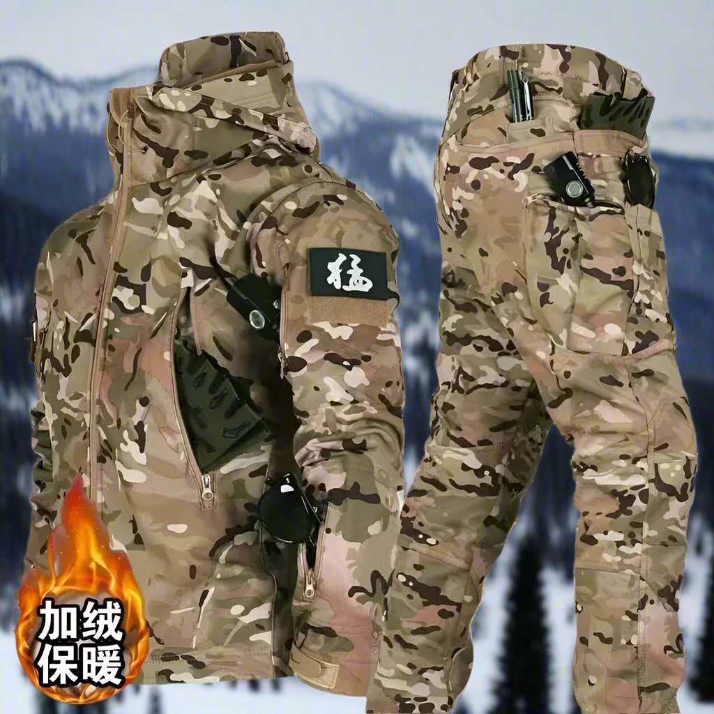 Desert camouflage tactical winter set with Mandarin symbols indicating warmth, displayed with a snow-covered forest backdrop. Features multiple tactical patches, fleece interior, and heavy-duty stitching for tough conditions.
