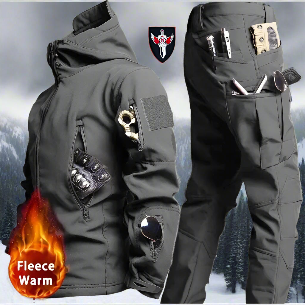 Rugged gray tactical winterwear set with insulated lining, shown with emergency utility accessories and zippered storage, ideal for cold-weather operations or outdoor work