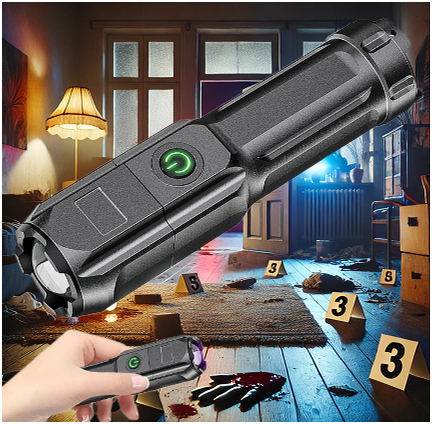Black rechargeable UV flashlight with green power button, displayed over a mock crime scene background with evidence markers and blood stains on the floor, highlighting its forensic detection capabilities.