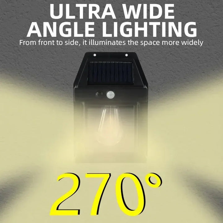 A visual representation of the solar wall lamp’s 270-degree lighting range, illuminating a wide outdoor space for enhanced security.