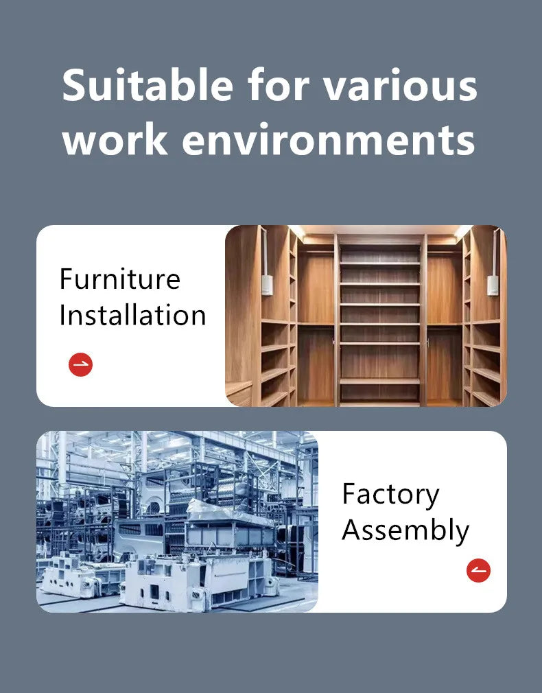 Infographic showing that SmartGearPros tools are ideal for furniture installation and factory assembly with labeled images.