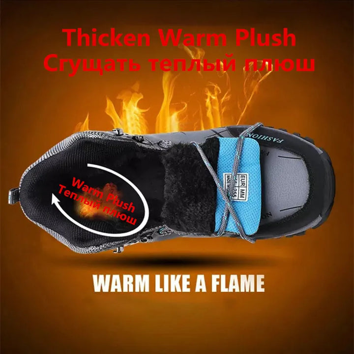 Cross-section of boots highlighting plush warm insulation with fire graphics and 'Warm Like a Flame' text.