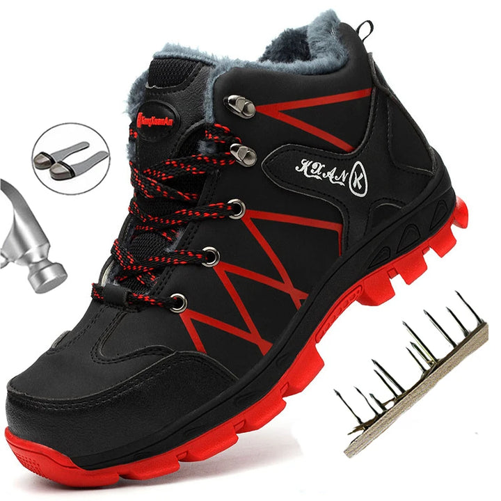 Black and red Men’s Winter Steel Toe Work Boots with protective toe cap and anti-slip sole.