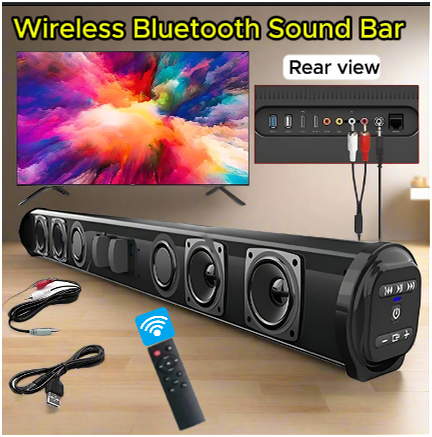 Sound bar shown with colorful TV display and rear view ports labeled for RCA and AUX connections, includes remote and cables.