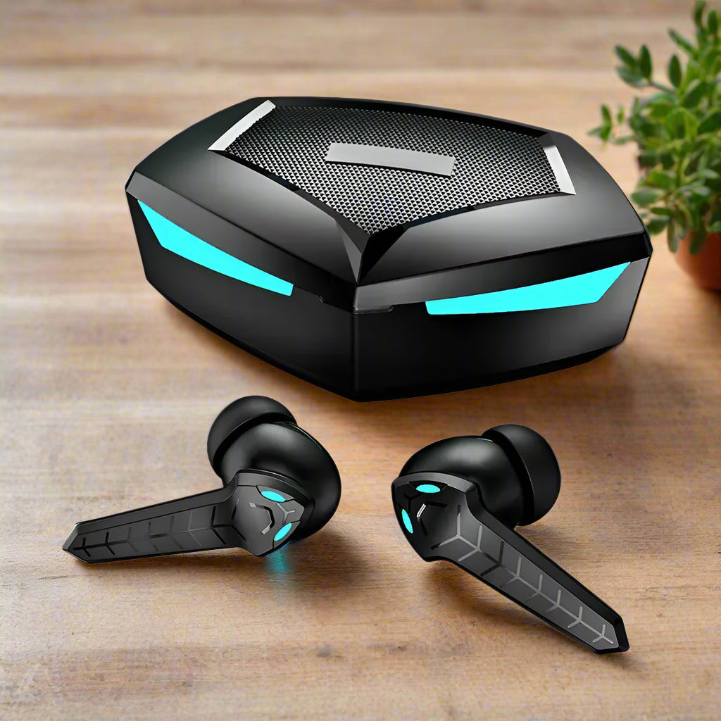 SmartGearPros Wireless Gaming Earbuds with futuristic LED charging case and ergonomic ear tips