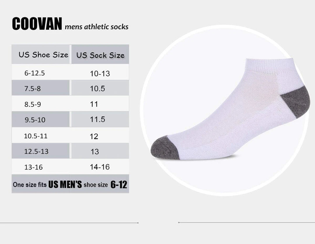  Sock size chart displaying shoe size compatibility from US men's size 6-12.