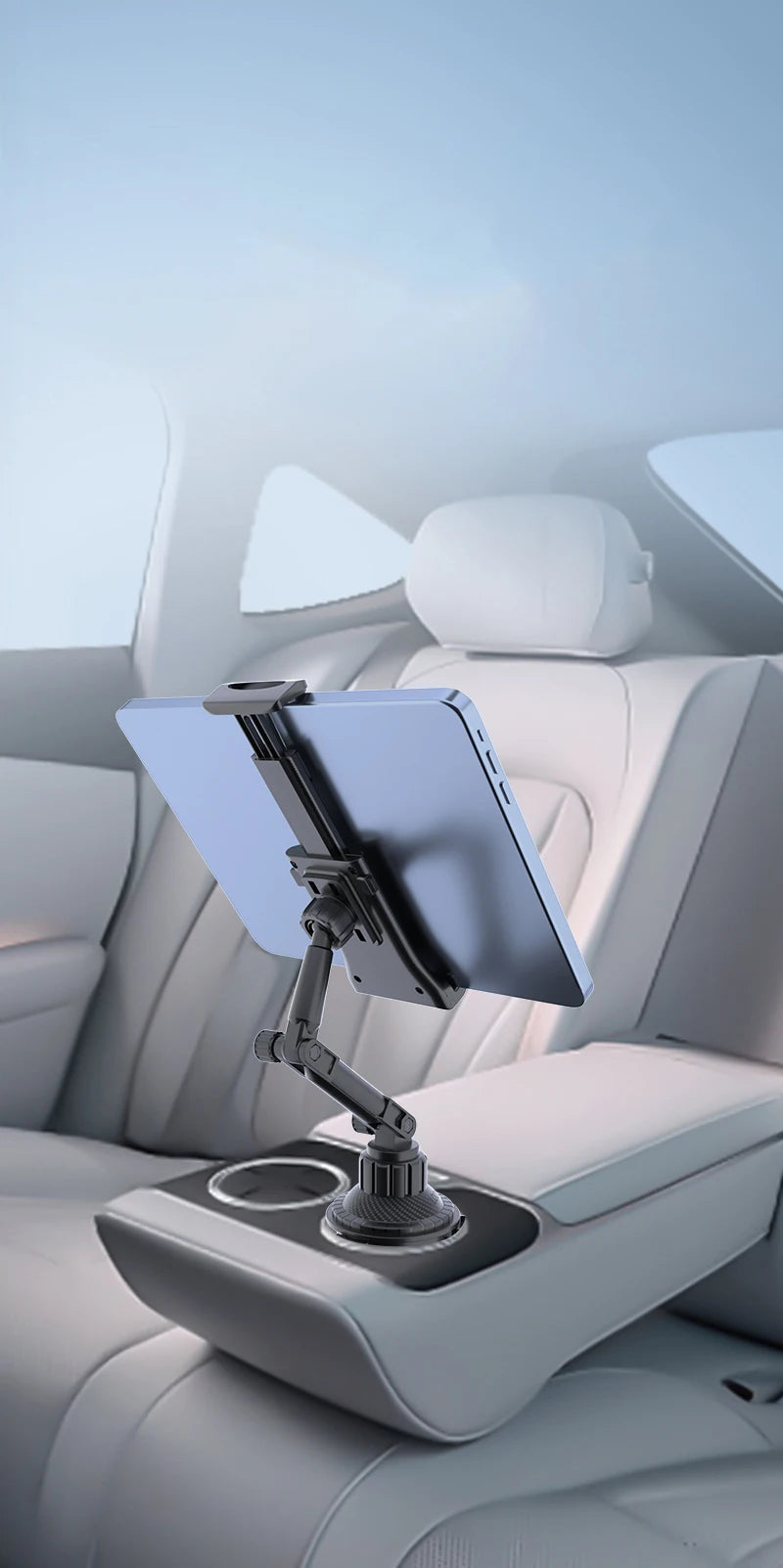 A tablet mounted in the cup holder of a passenger backseat, providing a stable and convenient hands-free experience.