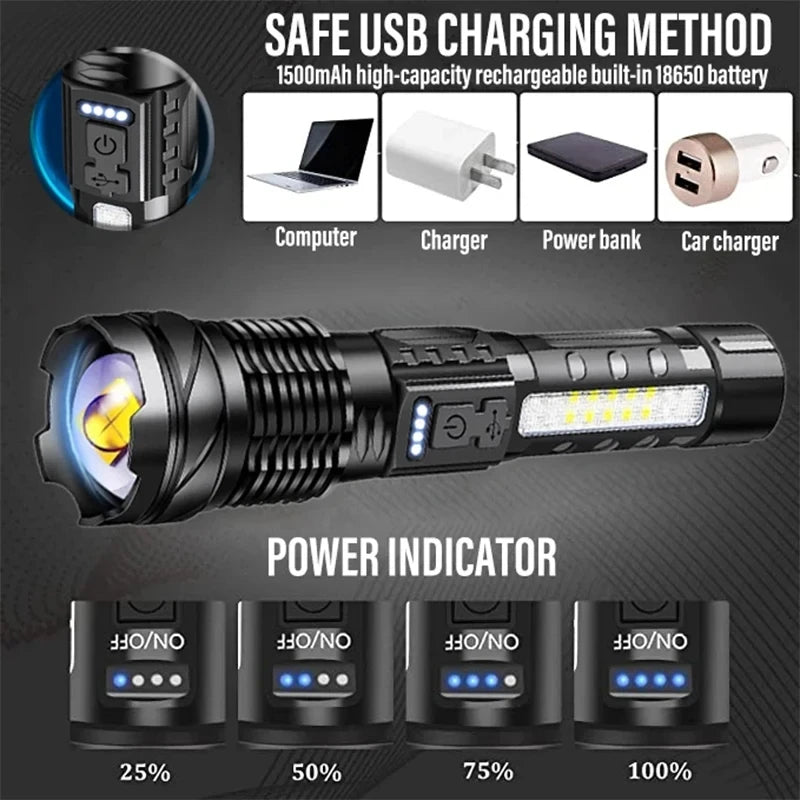 Rechargeable LED flashlight with USB charging capability for long-lasting performance.