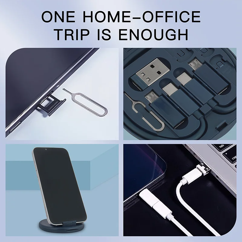 Multi-connector USB charging set displayed on a work desk, showing home-office functionality.