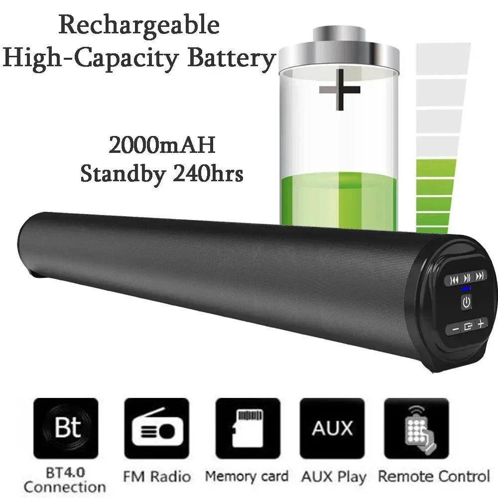 Sound bar back panel with multiple input ports labeled for USB, AUX, RCA, and TV/PC/phone compatibility