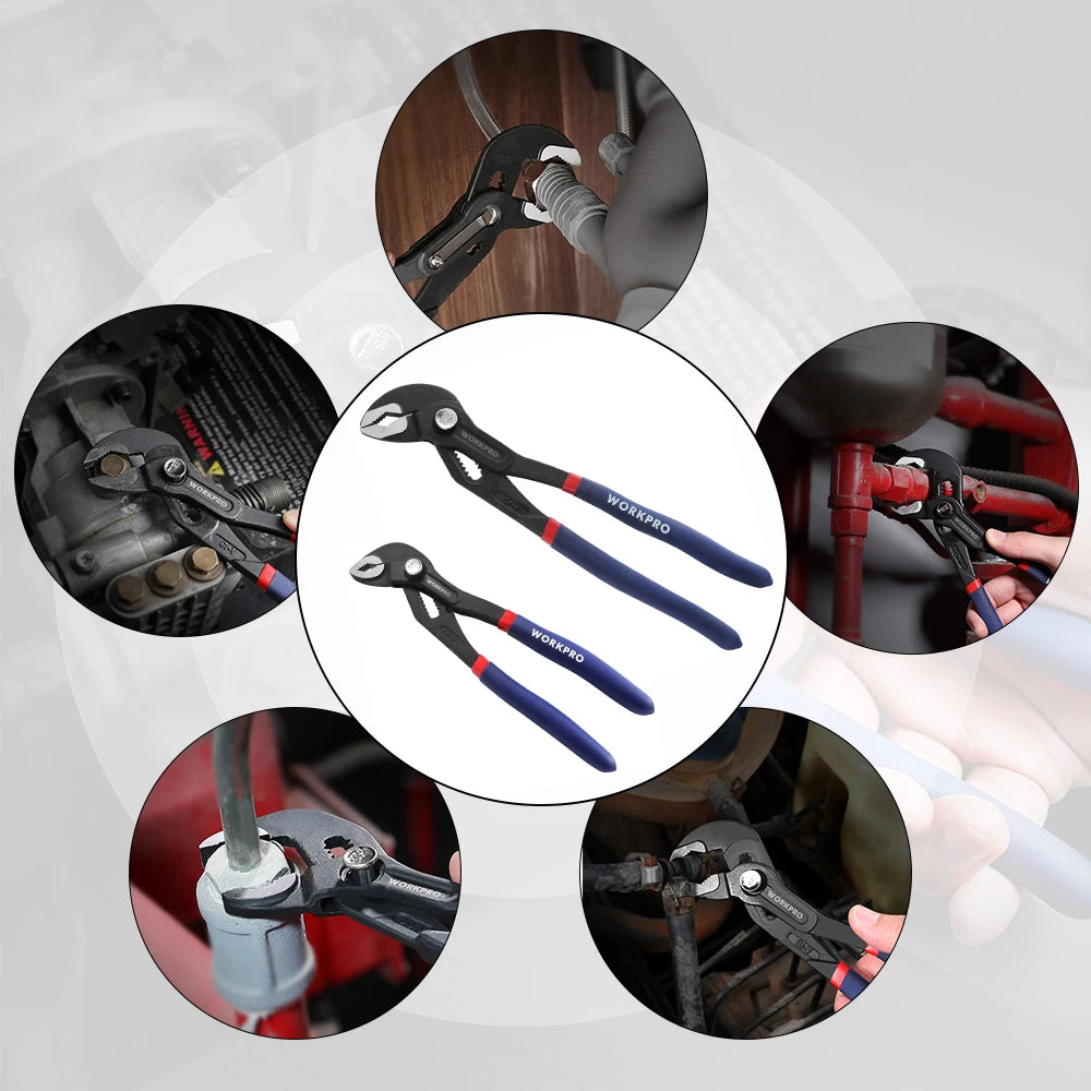 Different applications of WORKPRO pliers in home repair, plumbing, and automotive work.