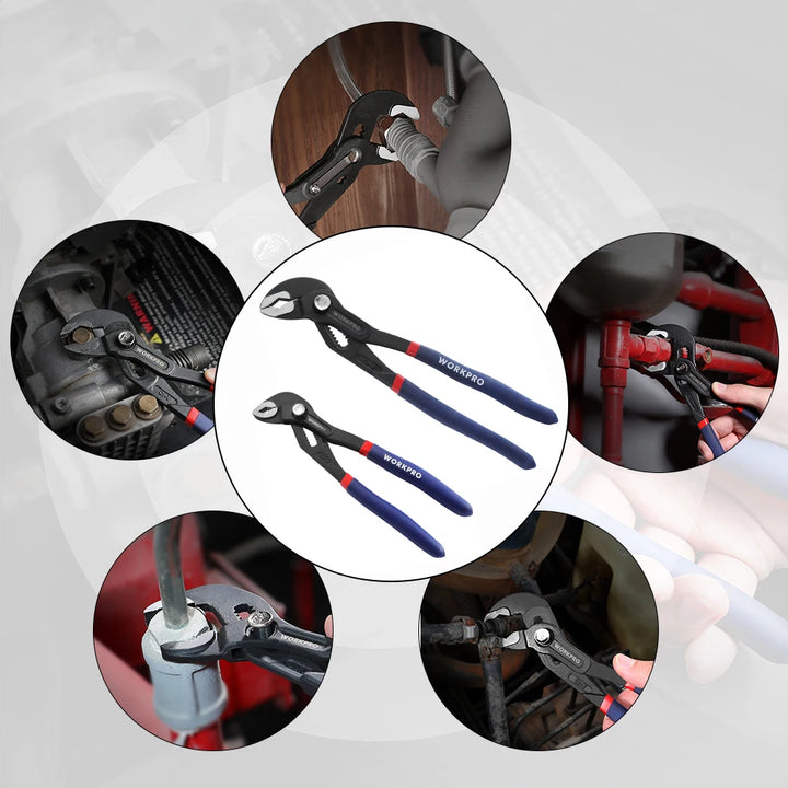 Different applications of WORKPRO pliers in home repair, plumbing, and automotive work.