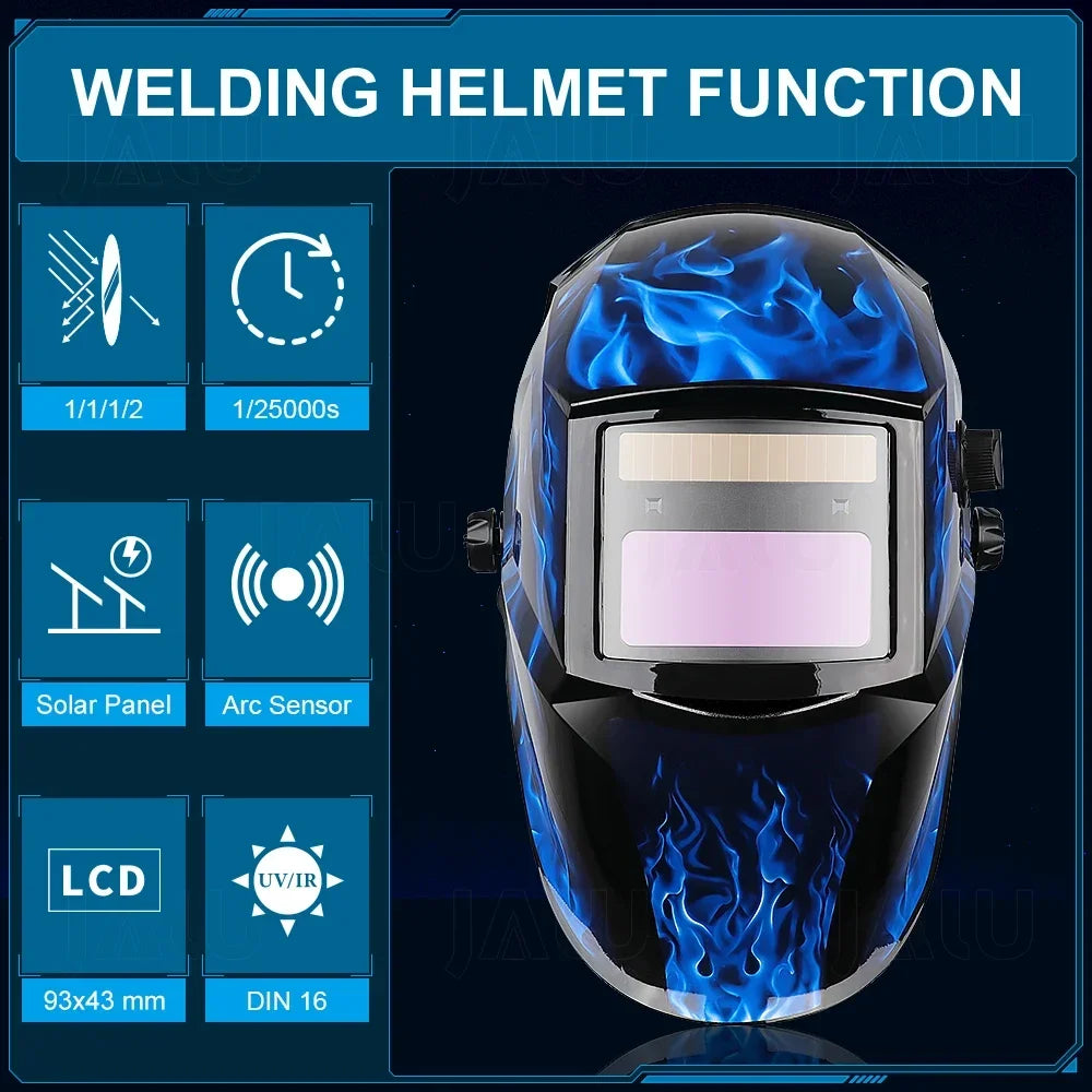 Infographic highlighting the key features of the welding helmet, including auto-darkening, UV/IR protection, and ergonomic fit.