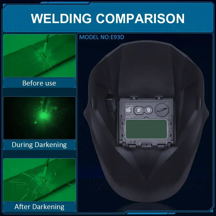 Side-by-side comparison showing the enhanced visibility and color clarity of the welding helmet’s true color lens.