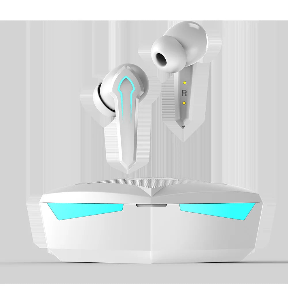 SmartGearPros wireless gaming earbuds in an elegant white finish with LED case.