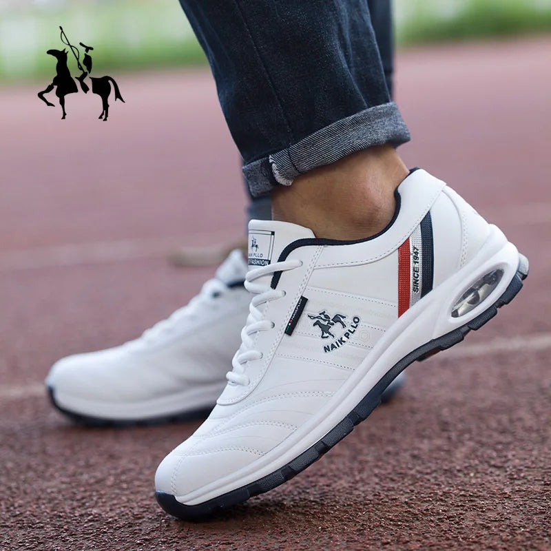 Casual white sneakers worn with jeans and a relaxed outfit, ideal for everyday wear.