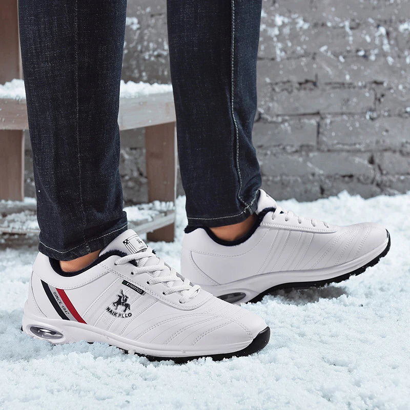  White sneakers photographed in a winter setting, proving their versatility for all seasons.