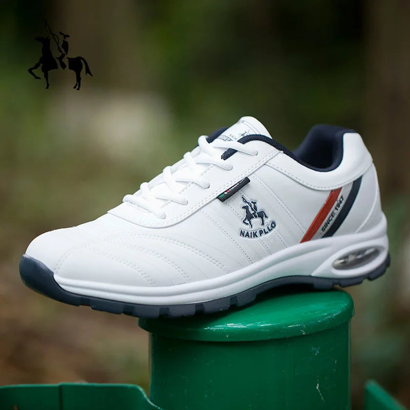 Close-up of white sneakers with red stripes, providing a side view of the lace-up design.