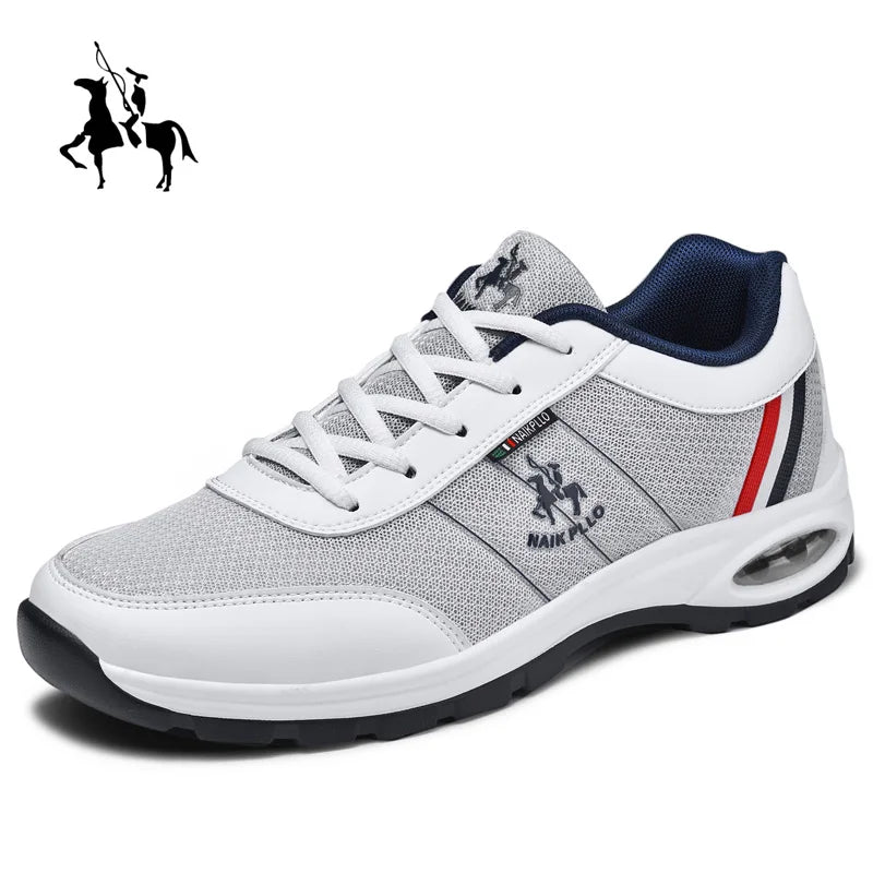 White sneakers featuring a sporty build and thick soles for superior comfort and support.

