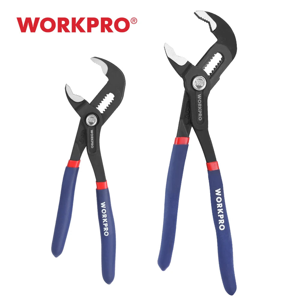 WORKPRO 7" & 10" Water Pump Pliers Set with ergonomic grip and adjustable groove joint.