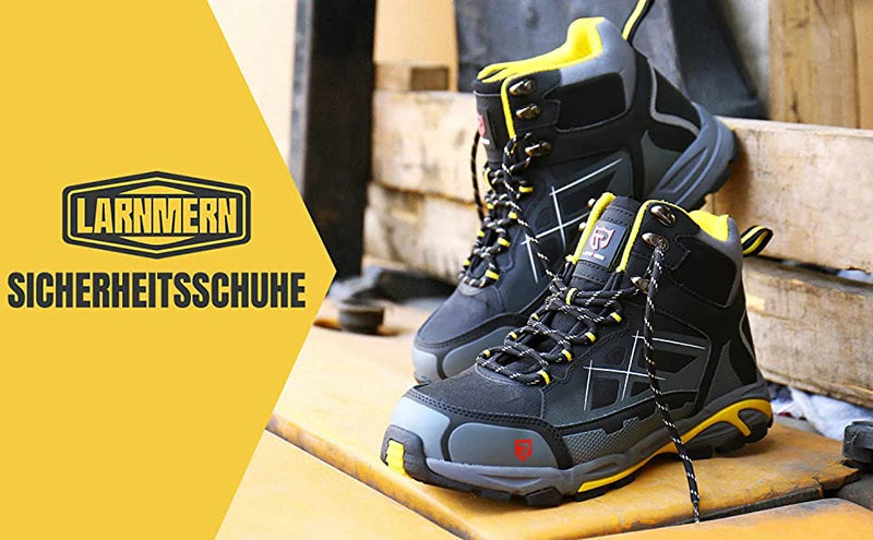 SmartGearPros Safety Work Boots infographic showing anti-static, puncture-proof midsoles, shock absorption, and comfortable fit.