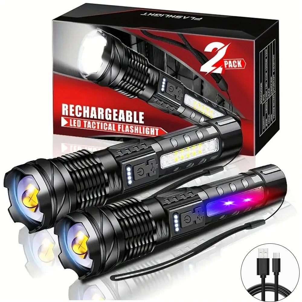 SmartGearPros XHP50 LED flashlight with USB rechargeable 18650 battery and high-powered illumination.