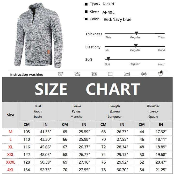 A detailed size chart with measurements for different sizes of the pullover.
