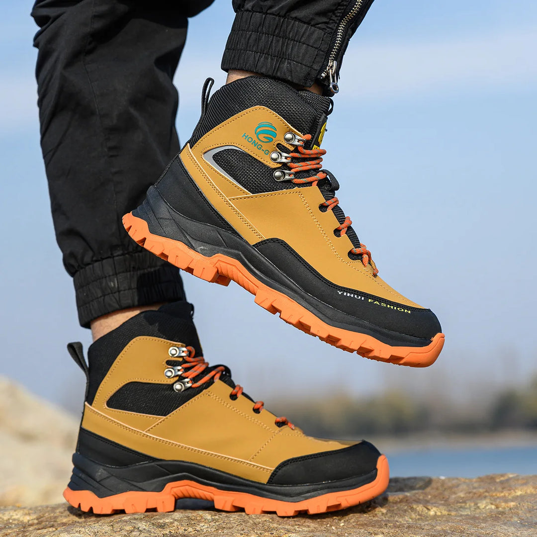 Close-up of anti-smash safety shoes with durable rubber sole.