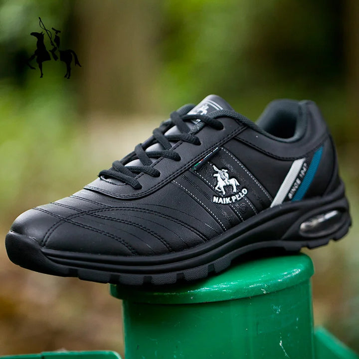  Side view of black sneakers, highlighting breathable design and structure.