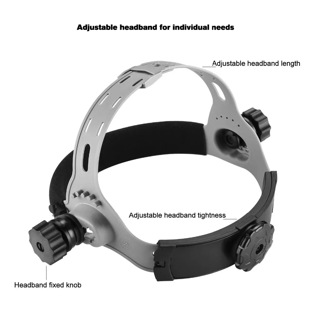 Adjustable headband for custom fit with labeled adjustments for comfort and security.