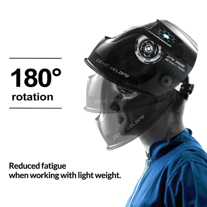 Side view of a welder wearing the DEKO welding helmet, showcasing its 180° rotation feature.