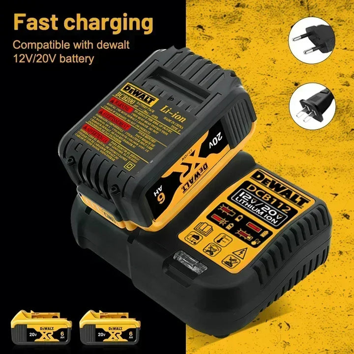  Close-up of DeWalt 20V battery with fast-charging technology for high-powered tools.