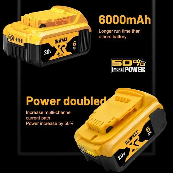 6000mAh high-capacity DeWalt battery for extended tool runtime and performance.
