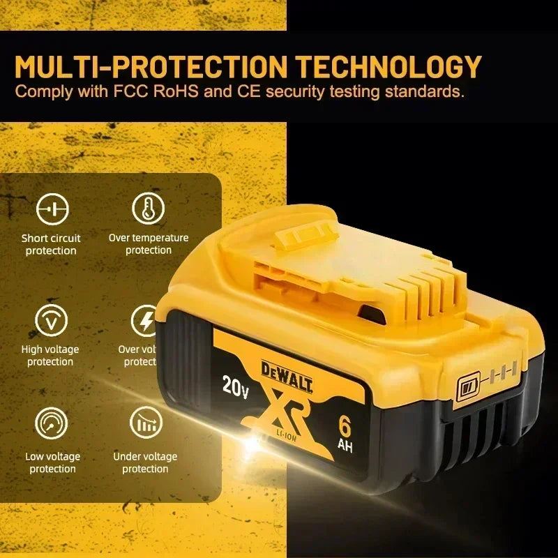 Infographic showing DeWalt battery’s multi-protection system against overheating and overcharging.
