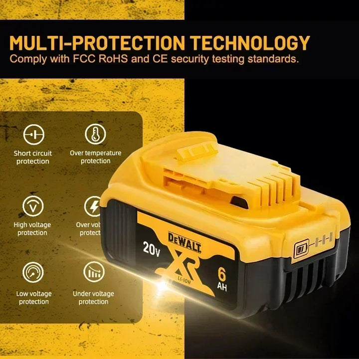 Infographic showing DeWalt battery’s multi-protection system against overheating and overcharging.