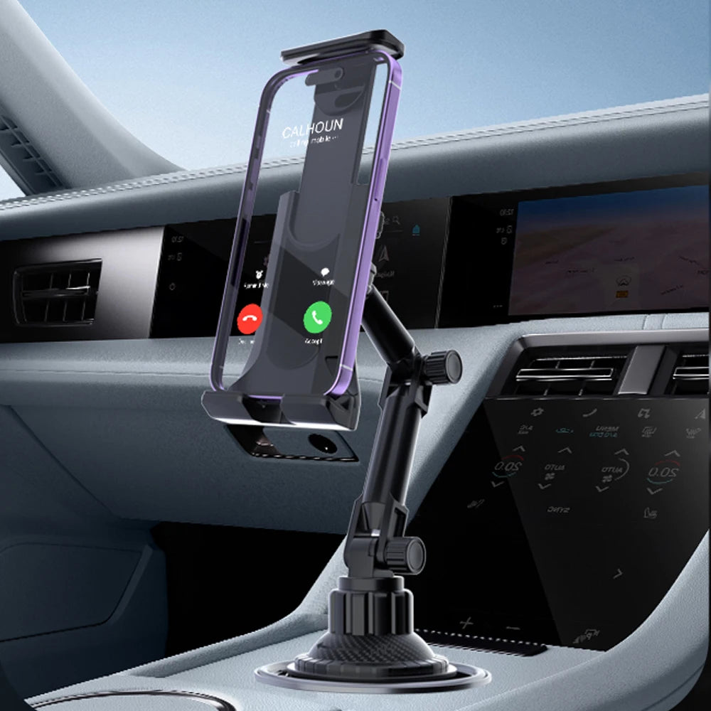 A close-up of the adjustable car cup holder mount securing a smartphone in an upright position.