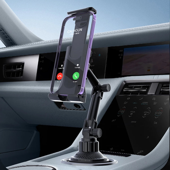 A close-up of the adjustable car cup holder mount securing a smartphone in an upright position.