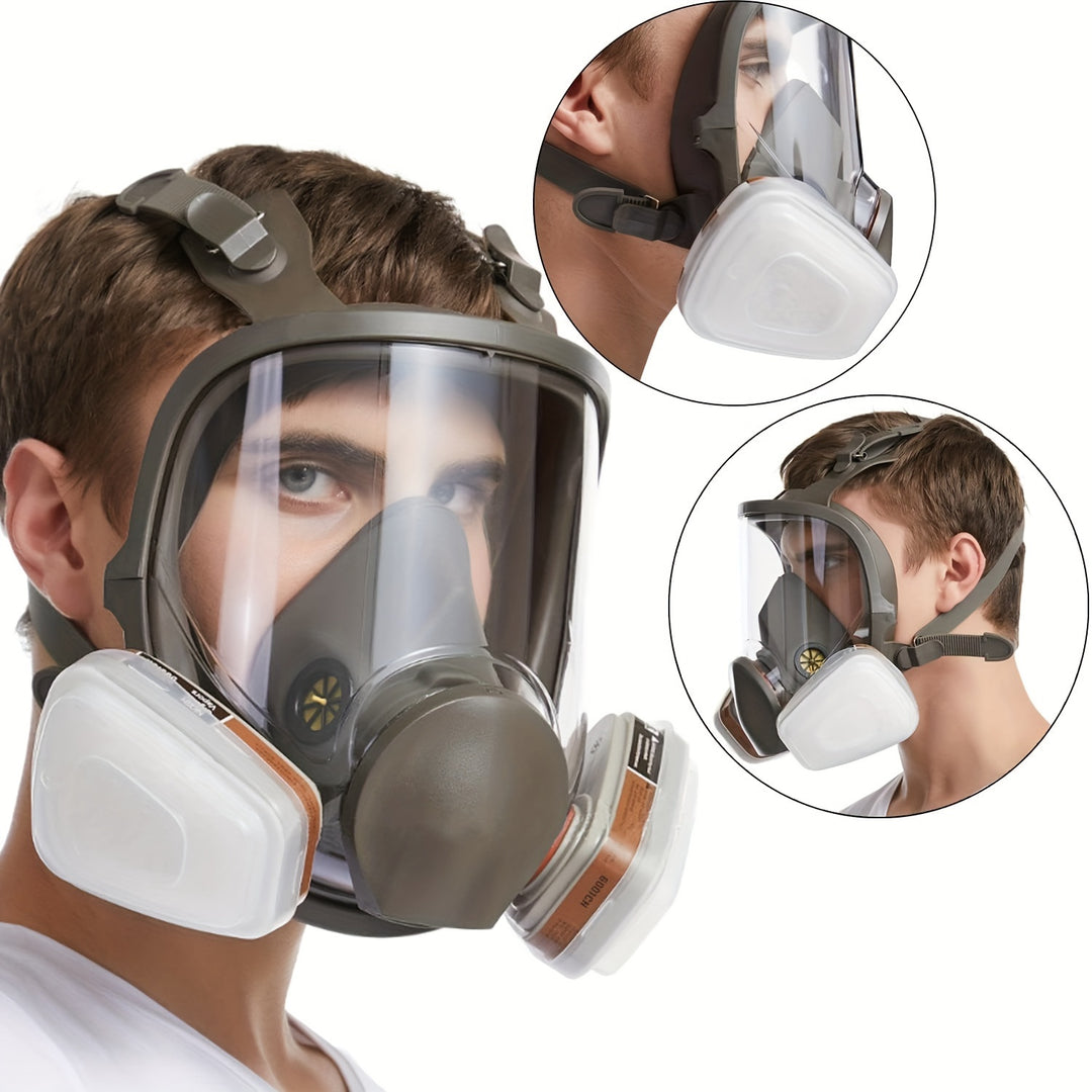 Person wearing a full-face respirator mask with clear visor and filter cartridges, with close-up insets showing different parts of the mask.