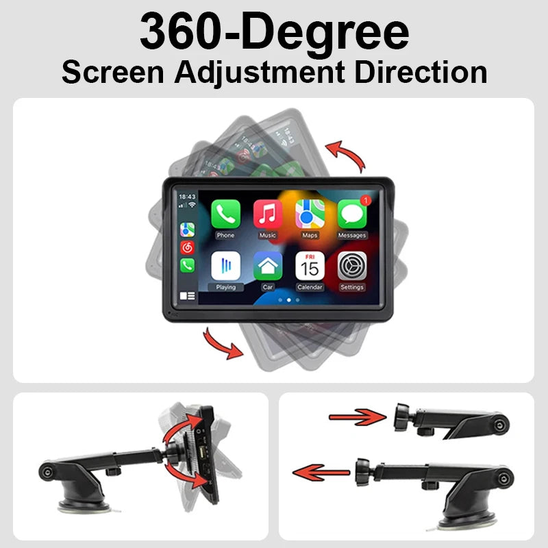 The 360-degree adjustable screen function of the car multimedia player.