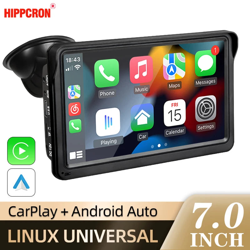 A 7-inch Hippcron Car Multimedia Player with Wireless CarPlay and Android Auto mounted on a suction cup.